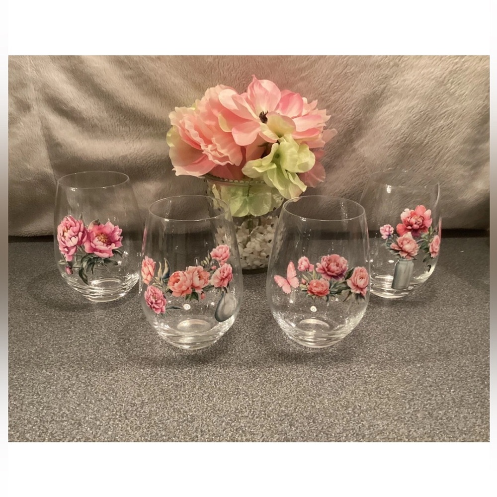 Wine Glasses Stemless Cottagecore Hand Decorated Set Of 4 Floral Peony & Roses